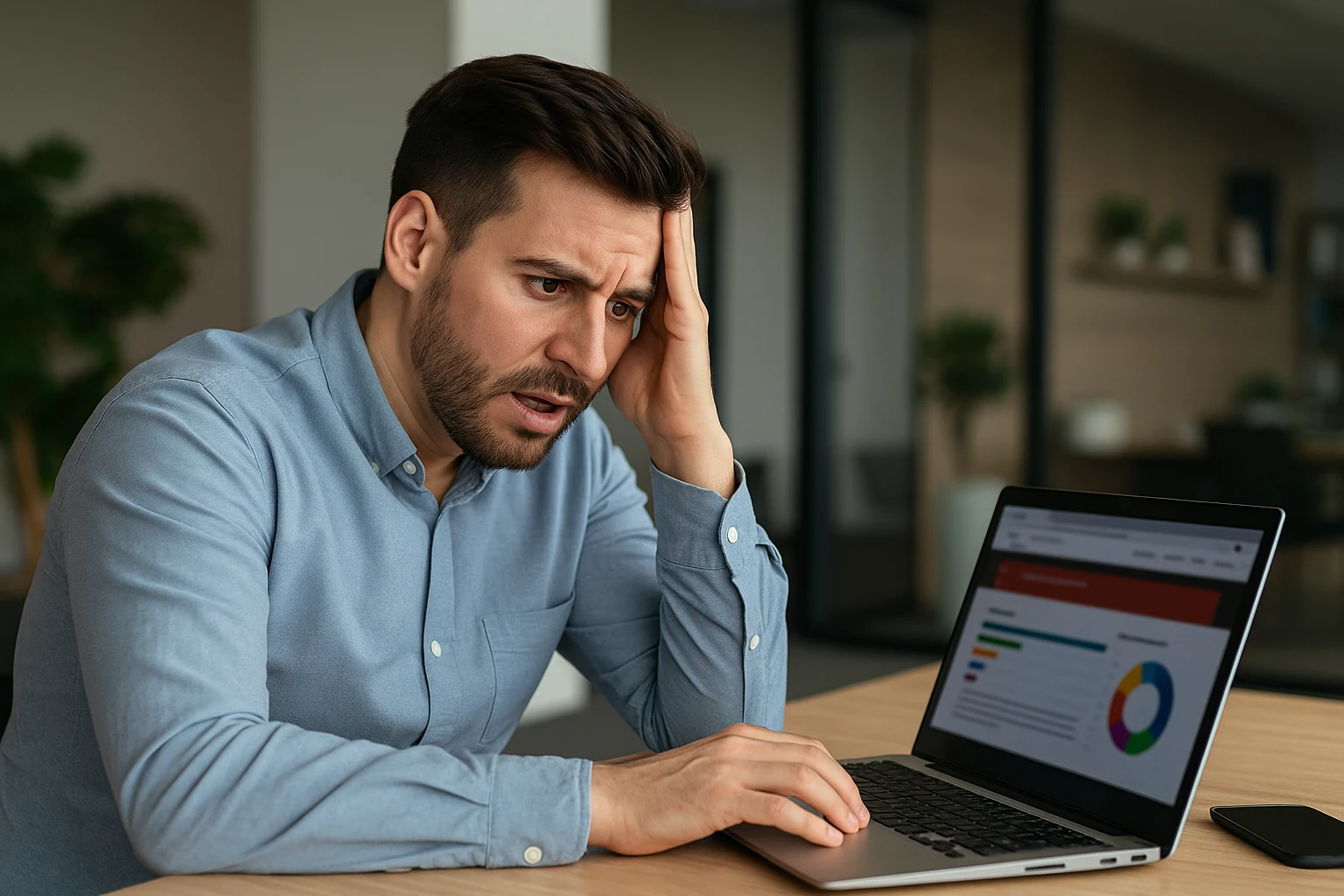 Frustrated business owner reviewing website conversion issues