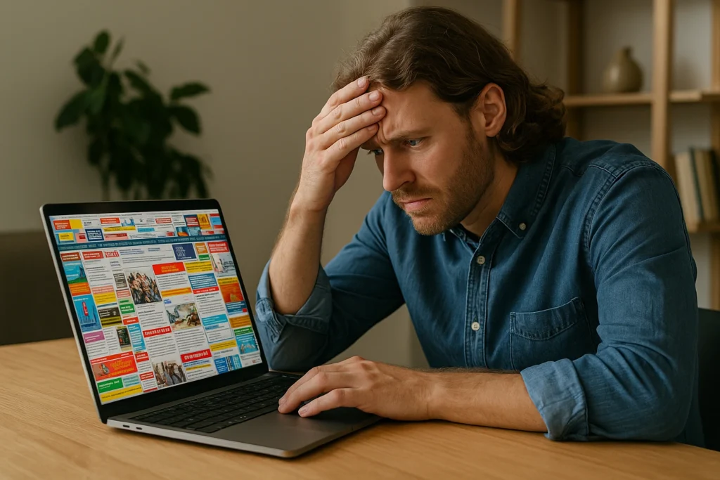 Designer reacting to cluttered, overwhelming website layout