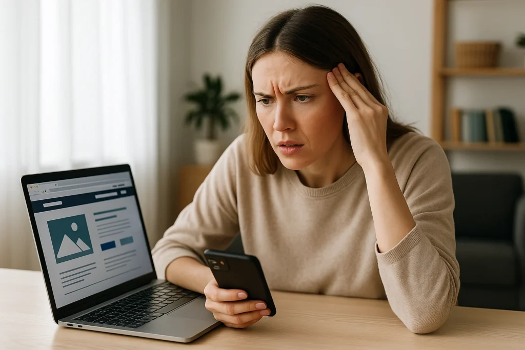 confused woman browsing cluttered website layout