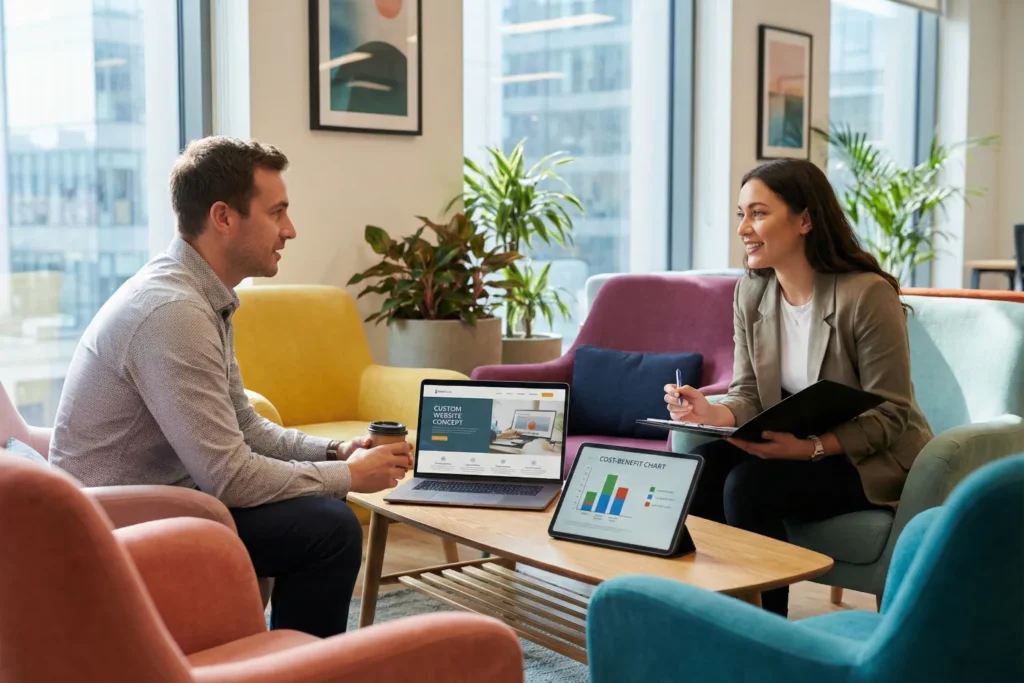 A business owner meets with a professional web designer in a bright agency lounge to discuss the long-term value of investing in a bespoke website. The table holds a laptop with a polished site concept and documents that reflect predictable support and future growth.