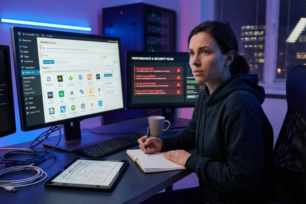 A web security specialist sits at a desk while studying monitors filled with plugin overload warnings and website vulnerability alerts. The office has colourful lighting and modern equipment that reflects the technical risks of template-based sites.