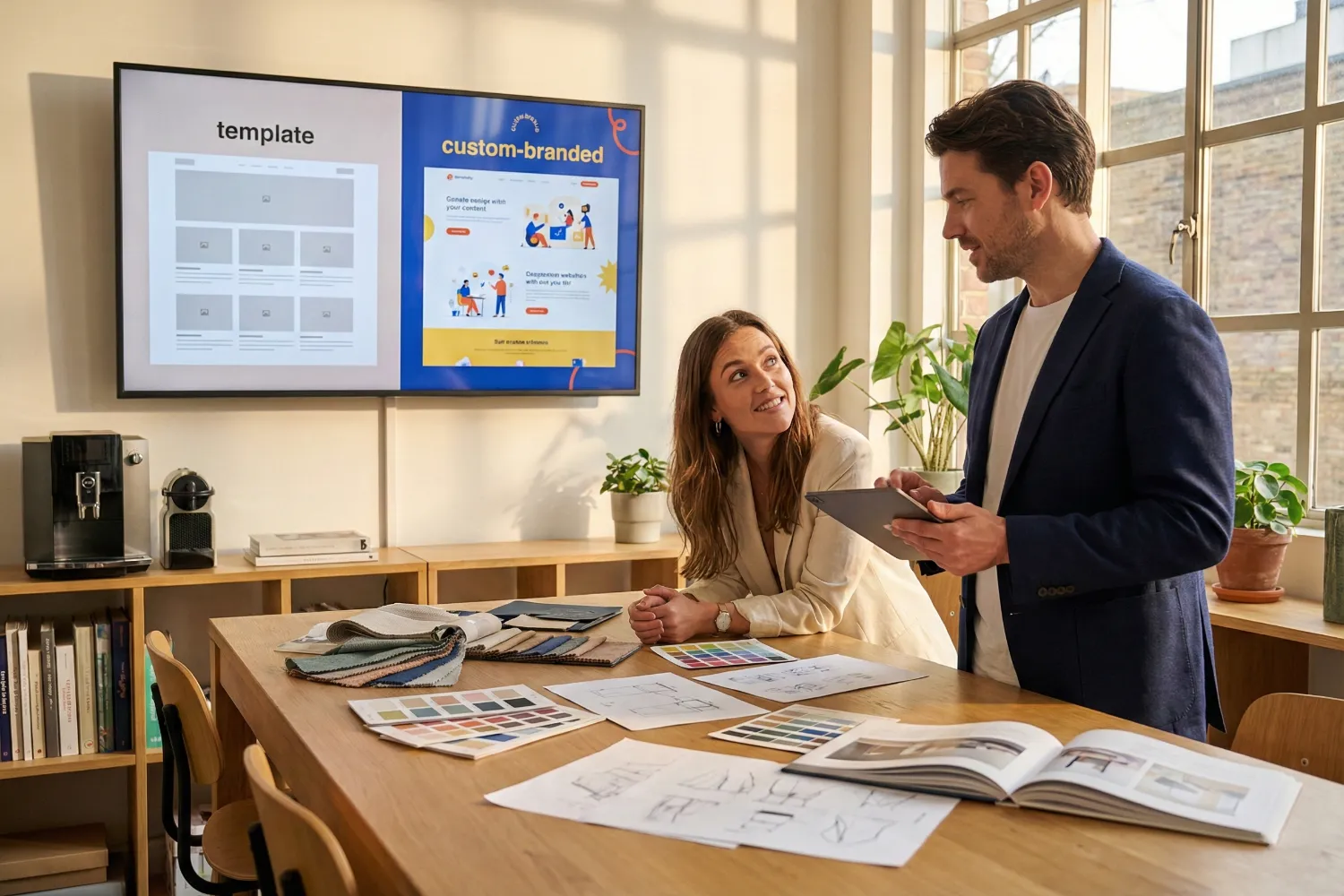 A web consultant stands in a design studio while showing a businesswoman two different website previews on a large screen, including a custom website design concept. The room has colourful branding materials, warm sunlight, and a professional creative atmosphere.
